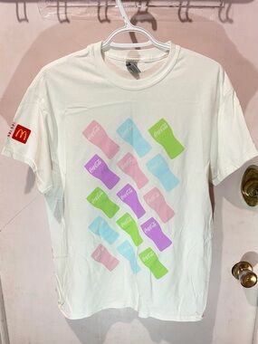 McDonald's White Tee with Pastel Pink Blue Green Purple Bottle Graphic